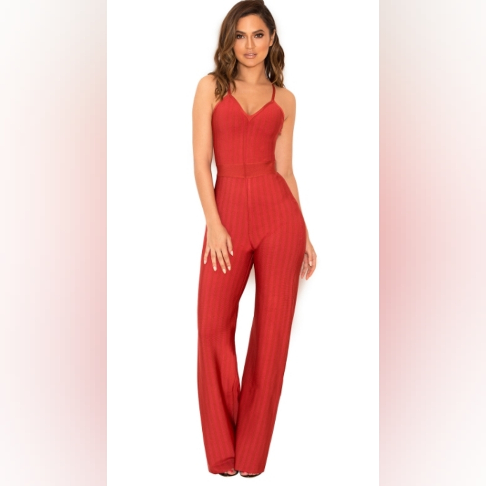 House of CB Red Ribbed Wide-Leg Jumpsuit
